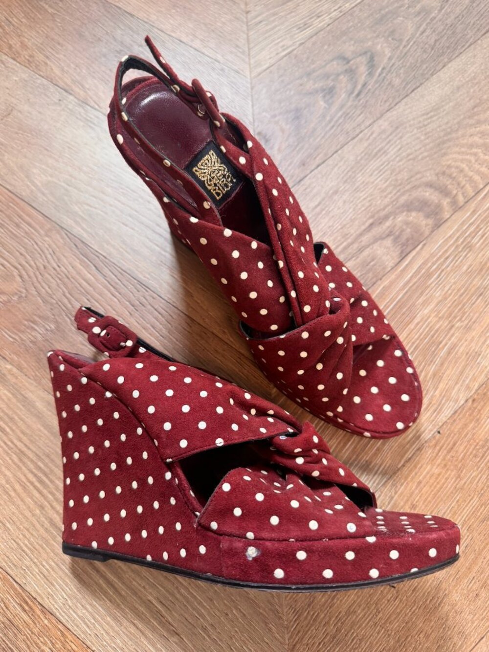 Biba Vintage Platform Wedge Sandals Burgundy Polka Dot 37